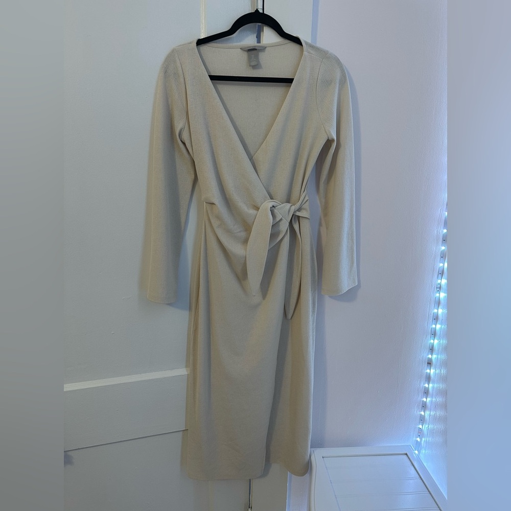 H&M Cream Long Sleeve Wrap Dress